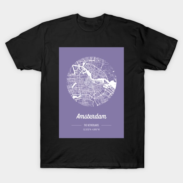 City map in purple: Amsterdam, The Netherlands, with retro vintage flair T-Shirt by AtlasMirabilis